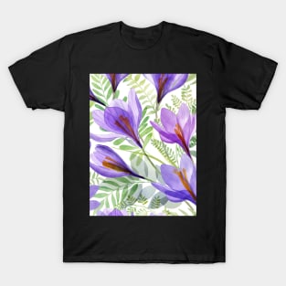 Crocus transparent flowers and green spring leaves composition. Watercolor translucent Saffron Crocus blossom T-Shirt